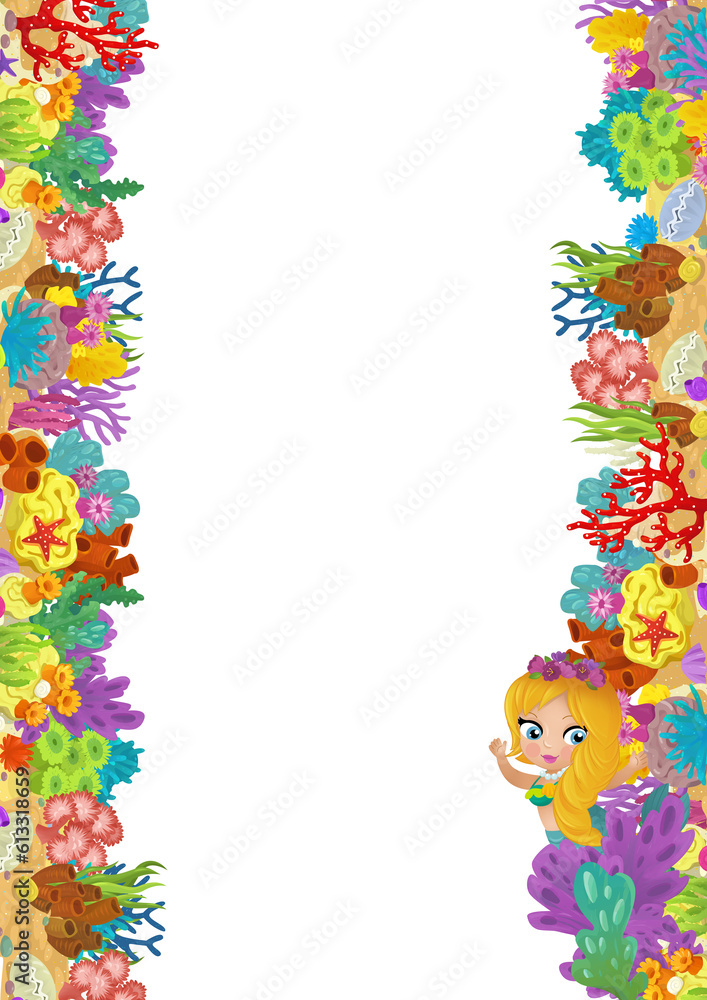 cartoon scene with coral reef and happy fishes swimming near mermaid princess isolated illustration for children cartoon scene with coral reef and happy fishes swimming near mermaid princess isolated illustration for children