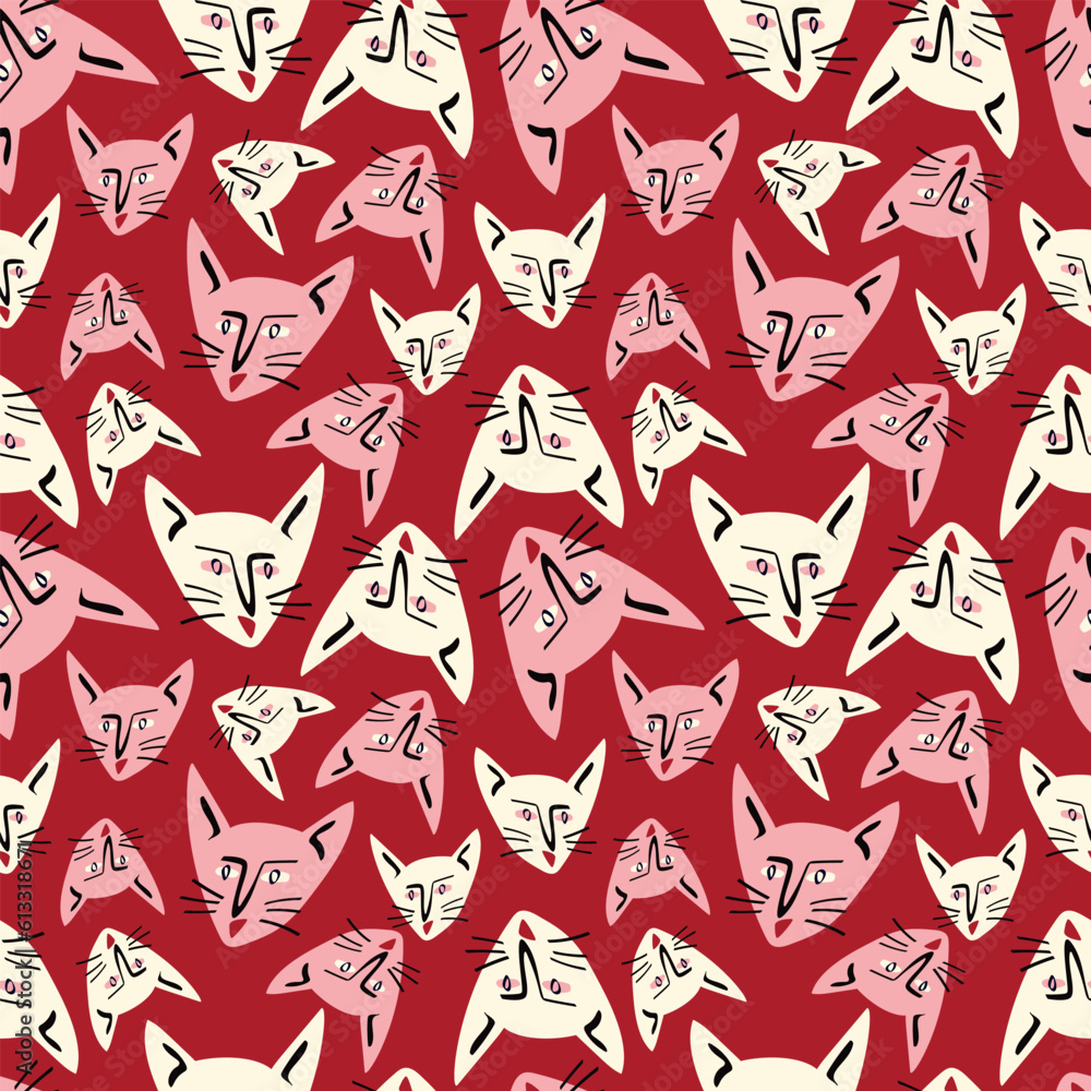 Pattern with kitty with a lovely face. Freaky comic cat face Pattern with kitty with a lovely face. Freaky comic cat face