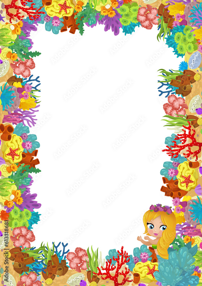 cartoon scene with coral reef and happy fishes swimming near mermaid princess isolated illustration for children