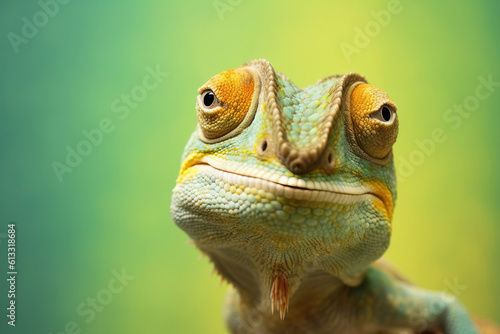happy friendly chameleon portrait with a yellow and green background