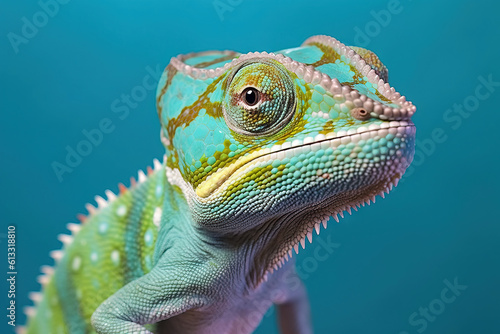 blue and green chameleon portrait with a blue background