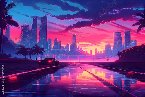 Beautiful Miami city landscape in an 80s Retrowave theme. Cityscape and sunset. Amazing printable wallpaper
