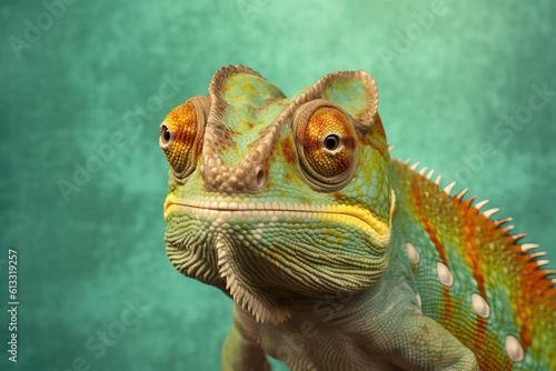 chameleon portrait with a green paper background