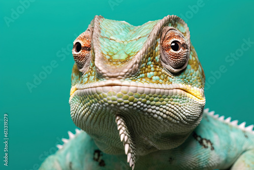 close up portrait of a green chameleon