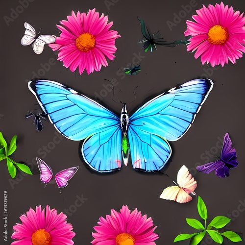 Butterflies and flowers wallpaper, in vivid colors, generated by AI