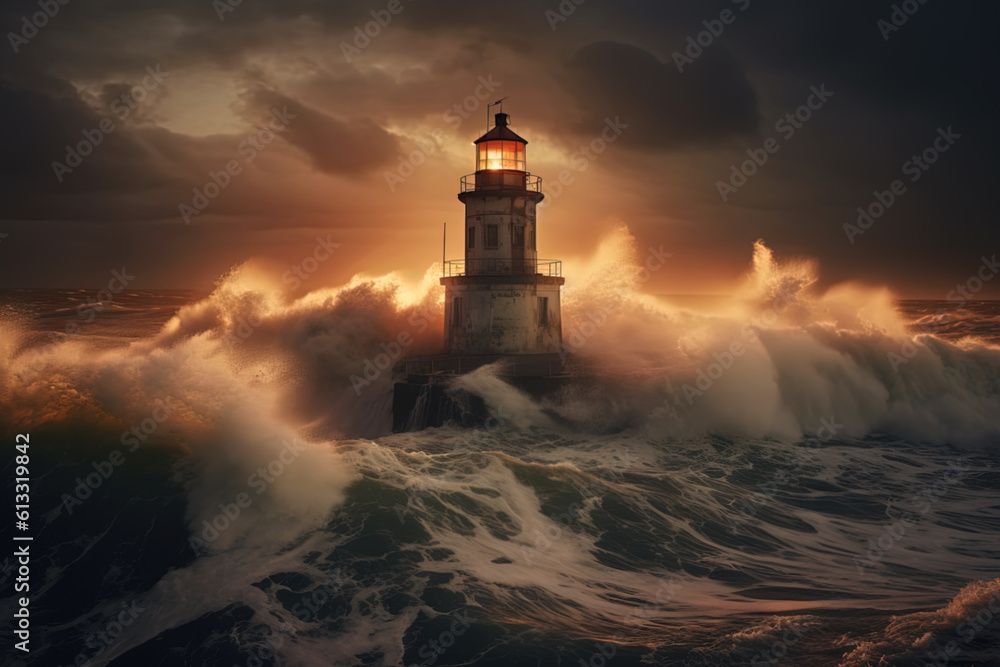 Big Lighthouse lost in the see, big waves and thunderstorm