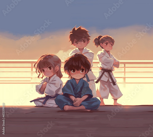 Four little karatekas are waiting for their turn on the tatami.