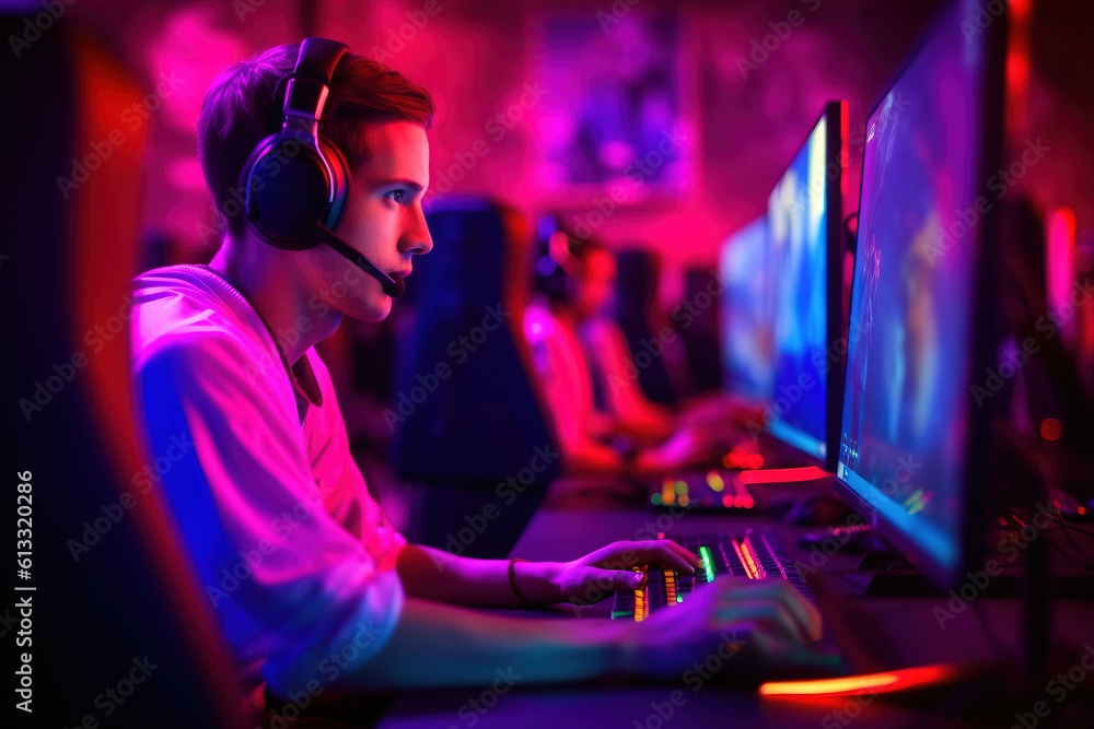 A young guy is a professional gamer playing computer games in a cybersports championship. The boy plays at the Esports event in neon light. Generative AI A young guy is a professional gamer playing computer games in a cybersports championship. The boy plays at the Esports event in neon light. Generative AI