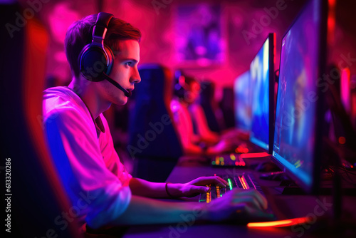 A young guy is a professional gamer playing computer games in a cybersports championship. The boy plays at the Esports event in neon light. Generative AI