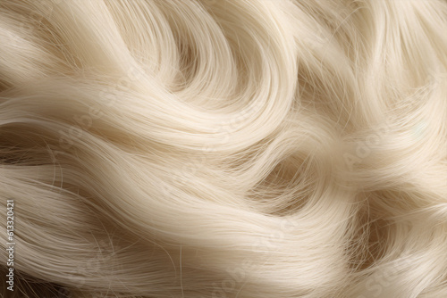 Generative ai. Texture of curly head ashy tint close-up. Blurry  defocused. Blonde  wavy  long hair against background after hairdressing. Coloring  extensions  hairstyle with curls shiny color