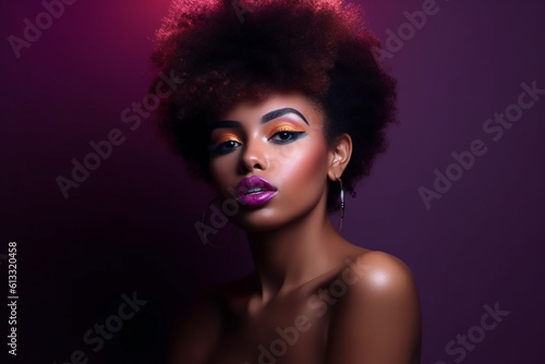 Pretty young afro-american model woman on the dark background. Generative AI