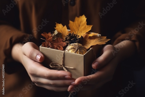 Zero waste gift box decorated with dry leaves. Generative AI