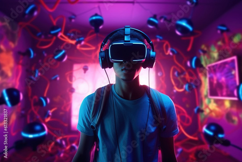 African-American boy with a VR headset stands in his room, illuminated by neon light, immersed in a metaverse virtual world. Virtual and augmented reality technology concept. Generative AI