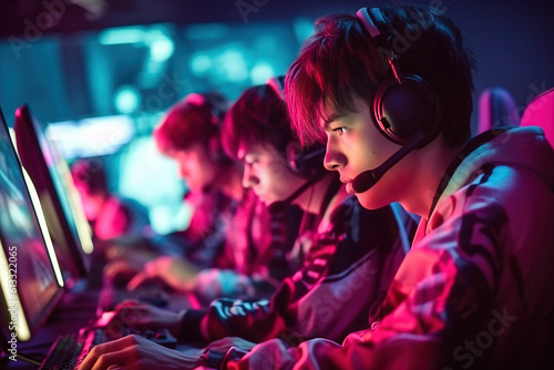 Team of professional gamers competes at major cybersport championship. Teenage gamers plays on E-sports tournament event in neon light. Generative AI