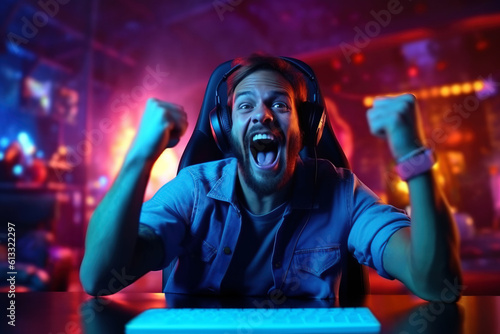 Enthusiastic gamer won an online game tournament and raised his hands shouting joyfully while sitting at his computer. Game streamer amazed with win a cybersport battle. Generative AI