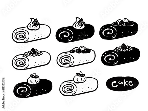 いろいろなロールケーキの単色手描きマーク風イラストセット