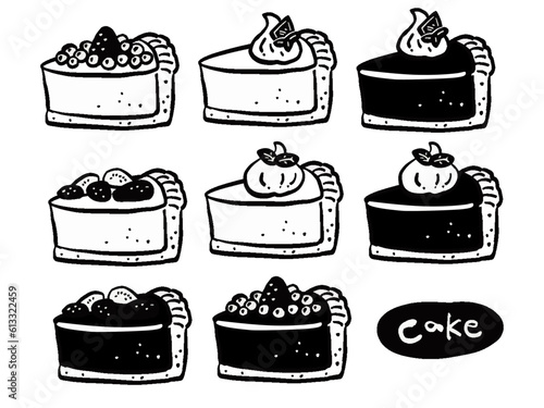 いろいろなタルトケーキの単色手描きマーク風イラストセット