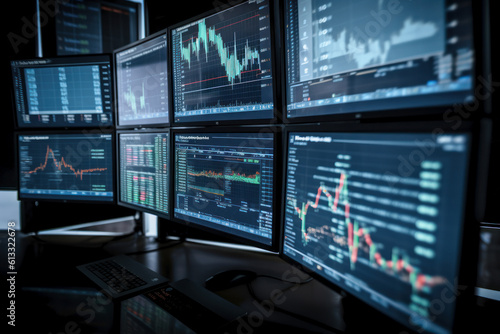 Wallpaper Mural Monitors for monitoring stock quotes. Photorealistic illustration generative AI. Torontodigital.ca