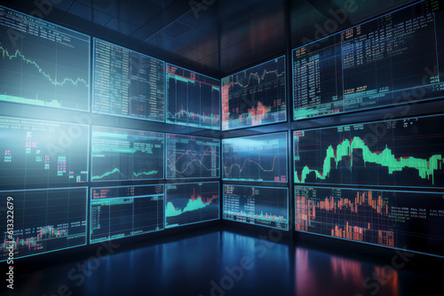 Monitors for monitoring stock quotes. Photorealistic illustration generative AI.
