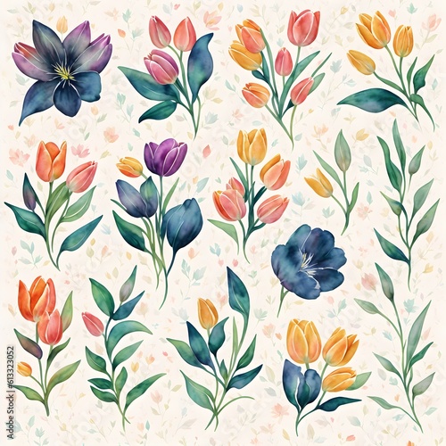 Abstract floral art background with tulips. Botanical watercolor hand drawn flowers paint. Design illustration for wallpaper  banner  print  poster  cover  greeting and invitation card. Generative AI