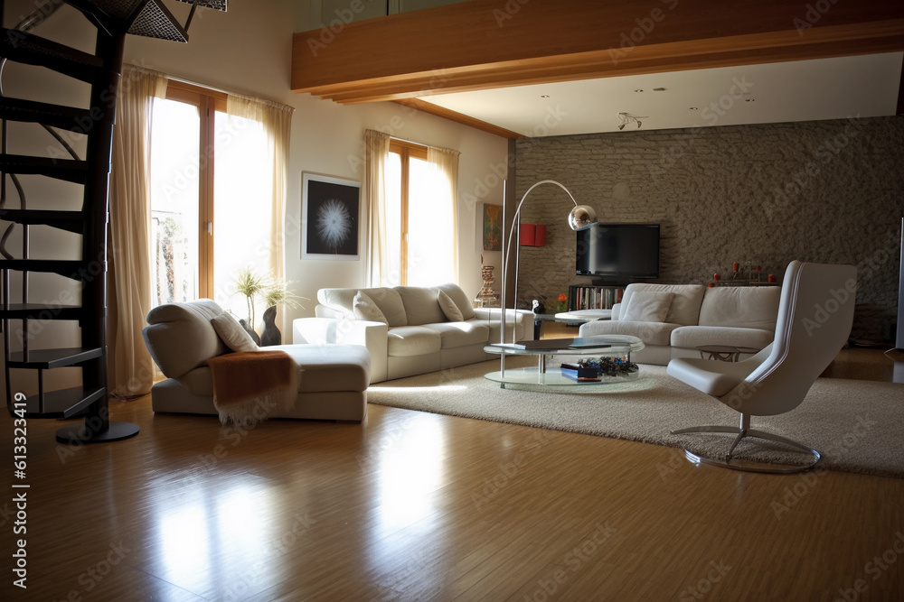 Fototapeta premium Modern living room interior with stairs and good lighting. Generative AI