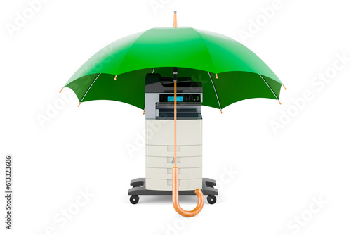 Office multifunction printer MFP under umbrella. 3D rendering