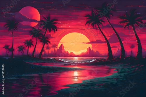 Beautiful tropical beach landscape in a 80s Retrowave theme. Mountain ranges. Palm trees. Beautiful sunset.. Amazing printable wallpaper