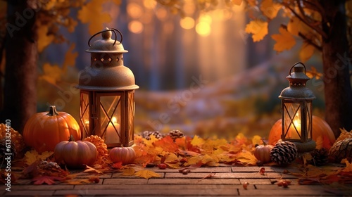 Realistic photo of Autumn Set and Decorations. with warm light condition.