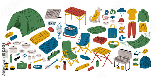 Camping equipment set. Stuff for tourism with dog and summer travel accessories. Outdoor activity