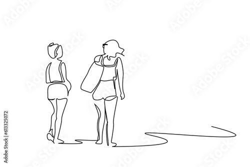two young women vacation summer relax walking outside lifestyle line art