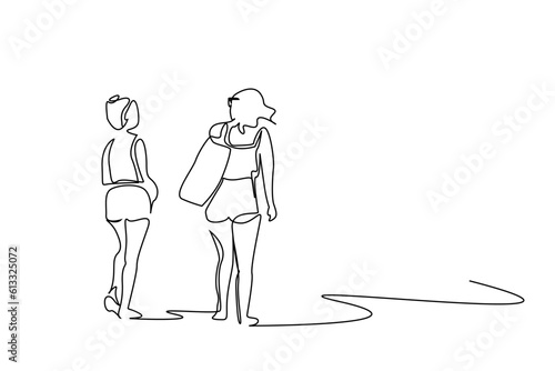 two young women vacation summer relax walking outside lifestyle line art