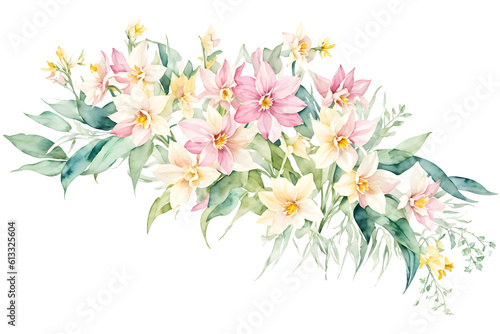 Watercolor frame with Narcissus flowers and leaves. Templates for design  botanical illustration in watercolor style. Illustration on white background  for wedding cards  invitation. Generative AI