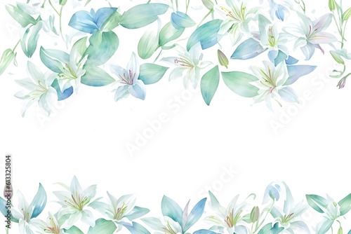 Beautiful lily flower wedding invitation. Frame of lilies. Watercolor illustration. Decorative item for Wallpaper, wrapping paper and backgrounds, postcards and wedding invitations. Generative AI.