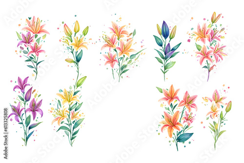 Beautiful lily flower wedding invitation. Frame of lilies. Watercolor illustration. Decorative item for Wallpaper  wrapping paper and backgrounds  postcards and wedding invitations. Generative AI.