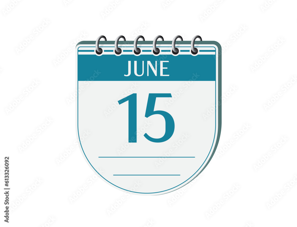 15 june round calendar page vector. 3d one day calendar date appointment, deadline, event reminder illustration. Abstract three dimensional daily date calendar. 