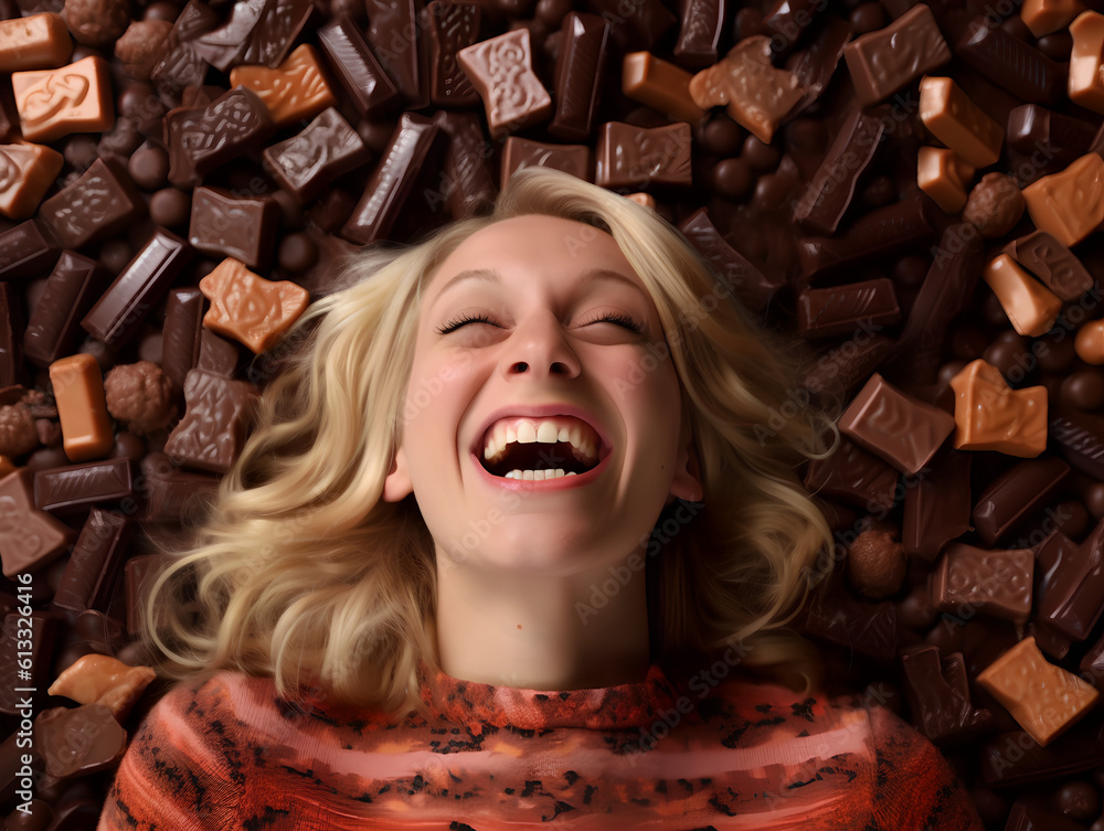 Portrait of a happy laughing young woman laying on top of a pile of delicious chocolate bars.
