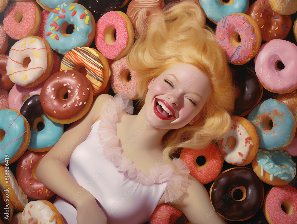 A happy laughing blond woman buried in colorful yummy perfect donuts with an assortment of toppings and flavors.