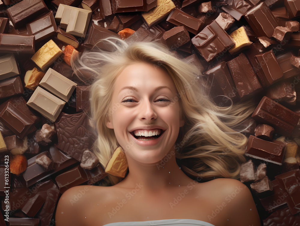 Portrait of a happy laughing young woman laying on top of a pile of delicious chocolate bars.