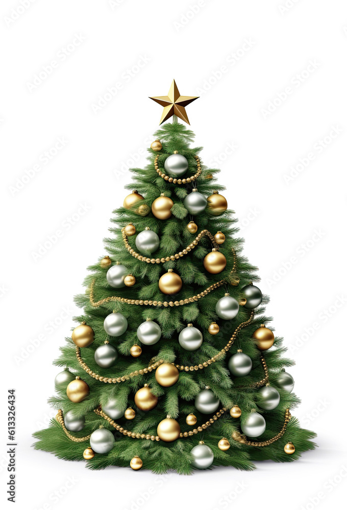 Beautiful Christmas tree with golden and silber ornaments on white background Beautiful Christmas tree with golden and silber ornaments on white background