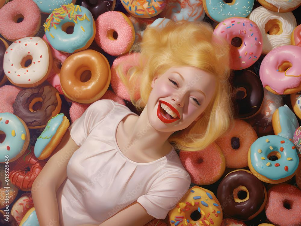 A happy smiling blond woman buried in colorful yummy perfect donuts with an assortment of toppings and flavors.