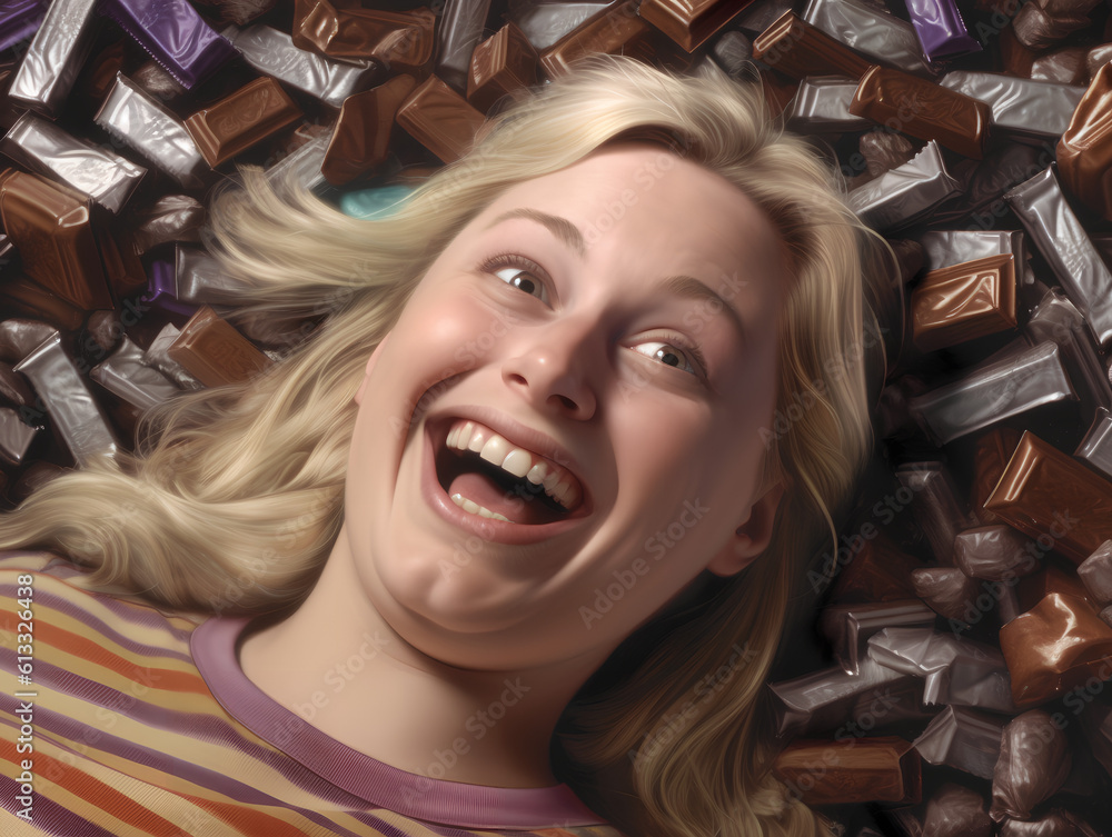Portrait of a happy laughing overweight blonde young woman laying on top of a pile of delicious chocolate bars.