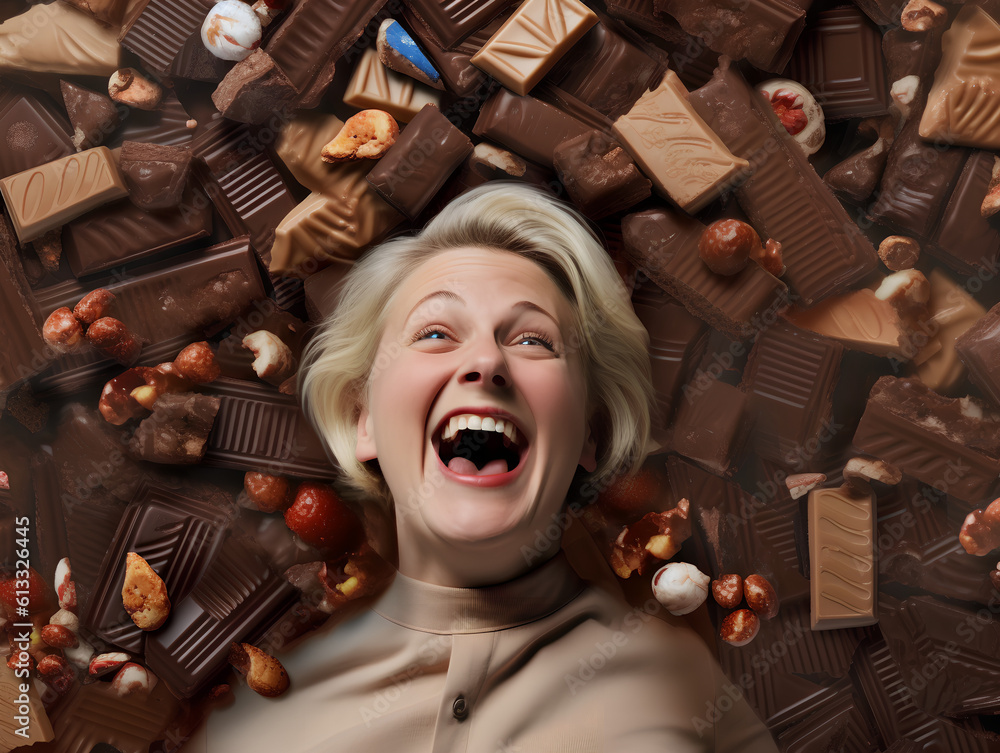 Portrait of a happy laughing mature woman laying on top of a pile of delicious chocolate bars.