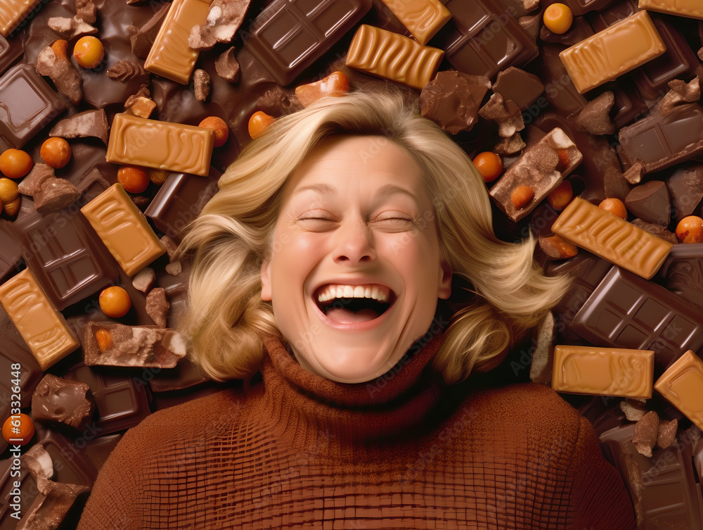 Portrait of a happy smiling blonde young woman laying on top of a pile of delicious chocolate bars.