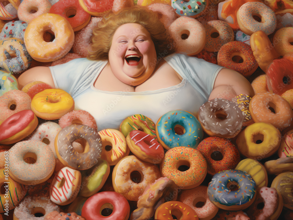 A happy overweight redhead woman buried in colorful yummy perfect donuts with an assortment of toppings and flavors.