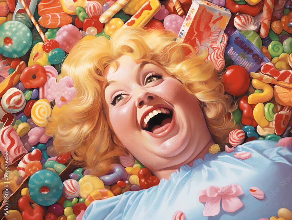 Happy overweight blond woman buried in colorful yummy perfect candy with an assortment of toppings and flavors.