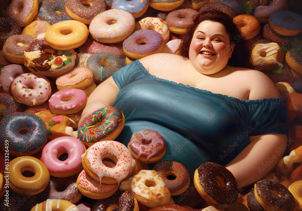 A happy overweight woman buried in colorful yummy perfect donuts with an assortment of toppings and flavors.