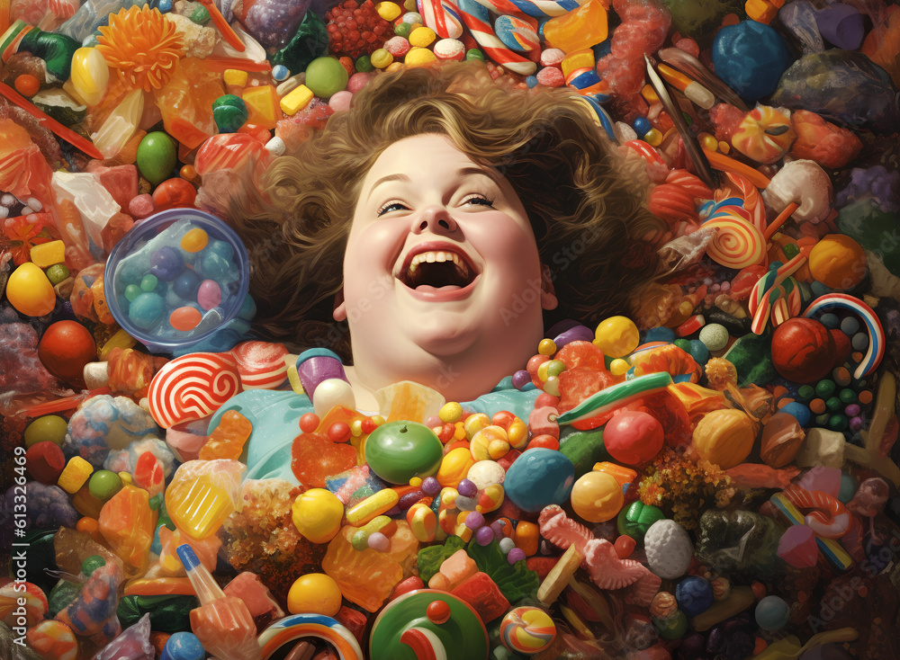 A happy overweight redhead woman buried in colorful yummy perfect candy with an assortment of toppings and flavors.