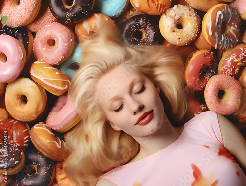A happy blond woman with closed eyes sleeping on top of colorful yummy perfect donuts with an assortment of icings and flavors.