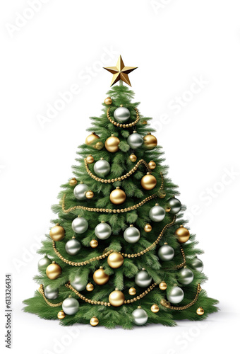 Beautiful Christmas tree with golden and silber ornaments on white background