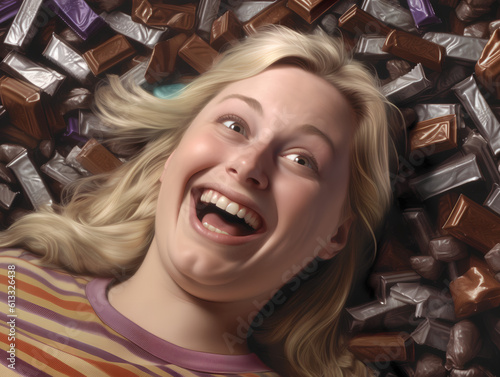 Obraz na płótnie Portrait of a happy laughing overweight blonde young woman laying on top of a pile of delicious chocolate bars. w salonie